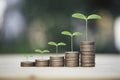 Increasing growth coins stacking with plant investment profit and dividend money from saving concept Royalty Free Stock Photo