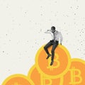Increasing income. Young man, employee, stockbroker sitting on huge coins with bitcoin sign on white background.