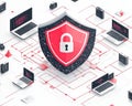 Explore the Importance of Cybersecurity with a Red Shield Surrounded by Digital Devices for Data Protection