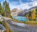 Incredible autumn view of Oeschinensee Lake