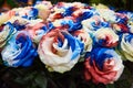 Close-up beautiful bouquet of unusual flowers - blue, red and white roses Royalty Free Stock Photo