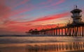 Sunset by the Huntington Beach Pier in California Royalty Free Stock Photo