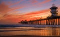 Sunset by the Huntington Beach Pier in California Royalty Free Stock Photo