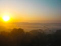 Incredible Dawn. Beautiful Sunrise, A Valley In The Morning Mist. Aerial View