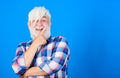 For incredible hair. mature bearded man in white wig. Hairloss concept. senior man with beard. health care. happy granpa Royalty Free Stock Photo