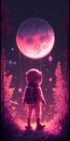 Incredible illustration of an astronaut standing on a lunar surface, gazing in awe at the mesmerizing pink moon in the starry