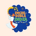 Incredible India Font With Bunting Flags, Man Blowing Tutari Horn In Traditional Attire On Blue And Pastel Pink
