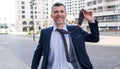 Incredible joy of businessman. Happy manager beside office window. Think about the jackpot Royalty Free Stock Photo