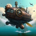 Incredible Major Steampunk balloon floating above water surface. Illustrations Generative AI.