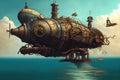 Incredible Major Steampunk balloon floating above water surface. Illustrations Generative AI.