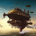 Incredible Major Steampunk balloon floating above water surface. Illustrations Generative AI.