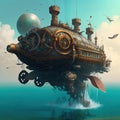 Incredible Major Steampunk balloon floating above water surface. Illustrations Generative AI.