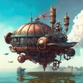 Incredible Major Steampunk balloon floating above water surface. Illustrations Generative AI.