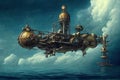Incredible Major Steampunk balloon floating above water surface. Illustrations Generative AI.