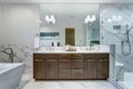 Incredible master bathroom with Carrara marble tile surround. Royalty Free Stock Photo