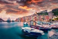 Incredible morning cityscape of Portovenere town. Dramatic summer sunrise on Mediterranean sea, Liguria, province of La Spezia, I