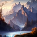 Incredible mountain landscape with forest and river. Vector illustration. Royalty Free Stock Photo