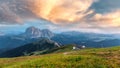 Incredible Nature Landscape View of the beautiful Langkofel group of the Dolomites Alps during sunset. Wonderful