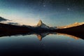 Incredible night view of Stellisee lake with Matterhorn peak in Swiss Alps Royalty Free Stock Photo