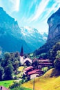 The Incredible picturesque landscape in Lauterbrunnen with canyon, church and famous Staubbach waterfall in the Swiss Alps,