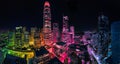 Incredible rainbow colored San Francisco skyline on a clear moonless night celebrating LGBTQ rights