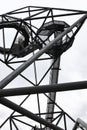 Incredible steel structure of the Tetrahedron in Bottrop, Germany taken from below against white sky. The non traditional view