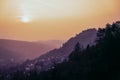 Incredible sunset. Panoramic view of hills and old town. Jena, Thuringia, Germany