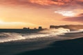 Incredible sunset view on stormy Atlantic ocean on Black Beach