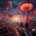 Incredible, surreal, highly detailed fantasy psychedelic landscape of giant mushrooms, fantasy, wonder, dreams and consciousness Royalty Free Stock Photo