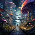 Incredible, surreal, highly detailed fantasy psychedelic landscape of giant mushrooms, fantasy, wonder, dreams and consciousness Royalty Free Stock Photo