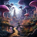 Incredible, surreal, highly detailed futuristic artificial intelligence psychedelic scifi landscape of giant mushrooms, fantasy, Royalty Free Stock Photo