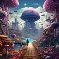 Incredible, surreal, highly detailed futuristic artificial intelligence psychedelic scifi landscape of giant mushrooms, fantasy, Royalty Free Stock Photo