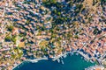 incredible view from the drone of the Bay and the houses of the Greek island. colorful houses, yachts and boats on pier. Greece