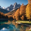 Incredible view on majestic famouse lake Braies in autumn season. Wonderful sunny landscape in dolomites Alps with
