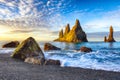 Incredible view of  rock formations Troll Toes on Black beach Reynisfjara near the village of Vik Royalty Free Stock Photo