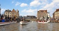 An incredible view on a sunlit fairytale Gent canal, Belgium from one of numerous boats Royalty Free Stock Photo