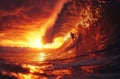 an incredible view of a surfer riding a big wave at sunset Royalty Free Stock Photo
