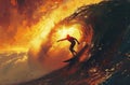 an incredible view of a surfer riding a big wave at sunset Royalty Free Stock Photo