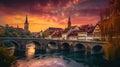 Incredible vivid cityscape. Scenic view Historical Old Town of Bern city with colorful sky during dramatic sunset. generative ai Royalty Free Stock Photo