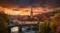 Incredible vivid cityscape. Scenic view Historical Old Town of Bern city with colorful sky. Generative ai Royalty Free Stock Photo