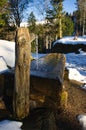 incredible winter fairy image, water gushes from a well in the forest, winter picture, running clear water on the hill