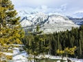 An incredible winter landscape with beautiful fir trees and dark green evergreen forest, a frozen river Royalty Free Stock Photo