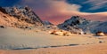 Incredible winter scene on Lofoten Islands. Colorful night view of Utakleiv village, Norway, Europe.