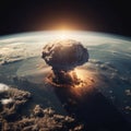 World armageddon. Nuclear bomb explosion beyond Earth's crust. View outside Planet. Generative AI (300 Real DPI)