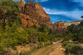 The incredible Zion National Park, sweeping panorama with mountains in the distance and a stream in the foreground