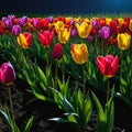 Incredibly beautiful multi-colored tulips in the night meadow Royalty Free Stock Photo