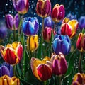 Incredibly beautiful multi-colored tulips in the night meadow Royalty Free Stock Photo