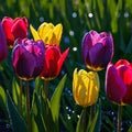 Incredibly beautiful multi-colored tulips in the night meadow Royalty Free Stock Photo