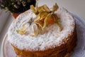 Incredibly Delicious Home Baked Cake. The Top Is Decorated With Edible Physalis Fruits