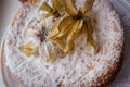 Incredibly Delicious Home Baked Cake. The Top Is Decorated With Edible Physalis Fruits